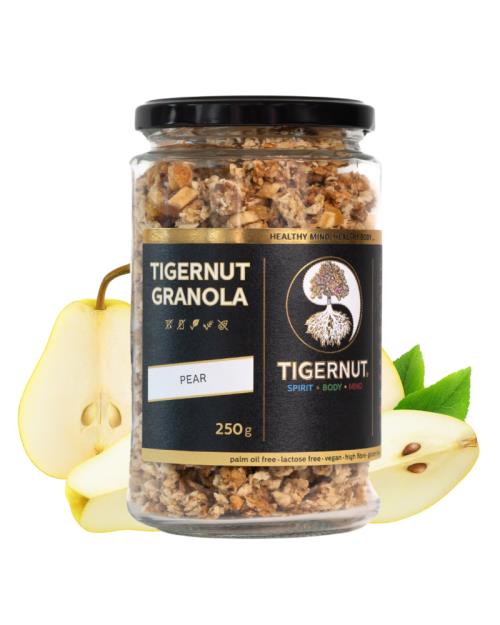 Granola z lupienkov lúpaného tigrieho orecha z Valencie s hruškou