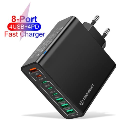 Sieťová nabíjačka - 4 x USB, 4 x Type-C, Rýchle nabíjanie, 65W - Čierna H36767