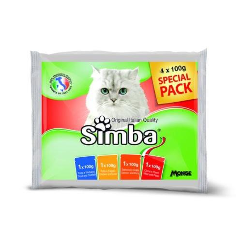 MONGE SIMBA Cat Multipack 4x100g kapsičky pre dospelé mačky pstruh a treska/kuracie mäso a pečeň/losos a pražma/mäso a hrášok