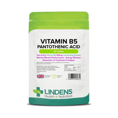 LINDENS Health + Nutrition Vitamín B5 - Kyselina pantoténová 500 mg, 90 tabliet