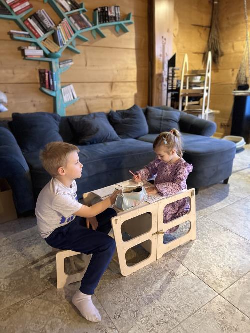 Učiaca veža, písací stolík, stolička, tabuľa 4v1 montessori borovica