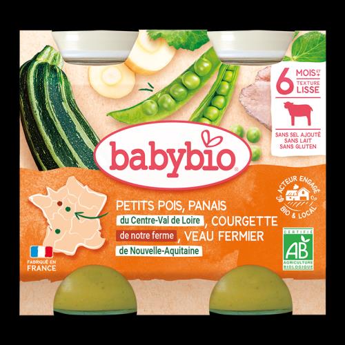 BABYBIO Menu hrášok a paštrnák s cuketou a teľacím mäsom (2x 200 g)