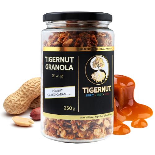 Granola z lupienkov lúpaného tigrieho orecha s arašidmi a slaným karamelom