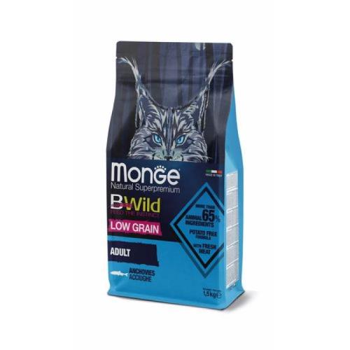 MONGE BWild Cat Low Grain Adult 1,5 kg kompletné krmivo pre dospelé mačky s ančovičkami a so znížením množstvom obilnín