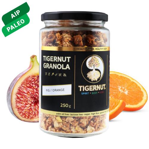 Granola z lupienkov lúpaného tigrieho orecha s figami a pomarančom