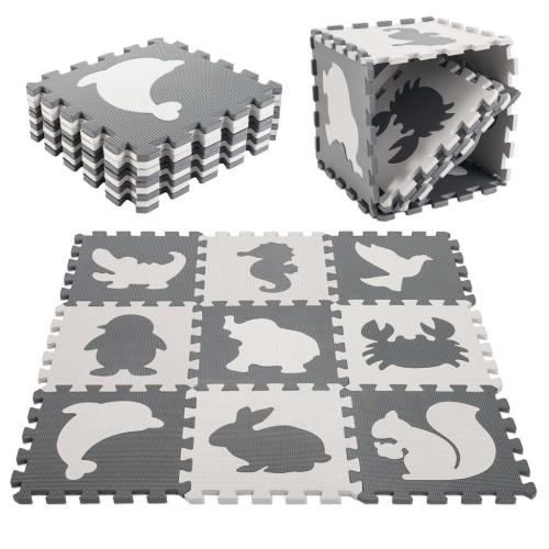 Penová Puzzle Podložka pre Deti - Detská Penová Puzzle Podložka, 9 Kusov, Čierno-Ecru, 85x85x1cm