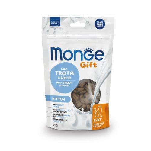 MONGE GIFT Kitten 60g chrumkavé a plnené pochúťky mačiatka pstruh s mliekom
