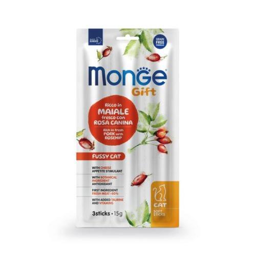 MONGE GIFT Soft Sticks Fussy cat 15g/3ks mäkké pochúťky pre mačky so šípkami a syrom