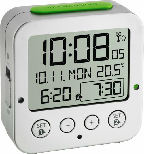 60.2528.54 TFA BINGO Digitálny rádiom riadený budík, 2 časy budenia, vnútorná teplota, strieborný
