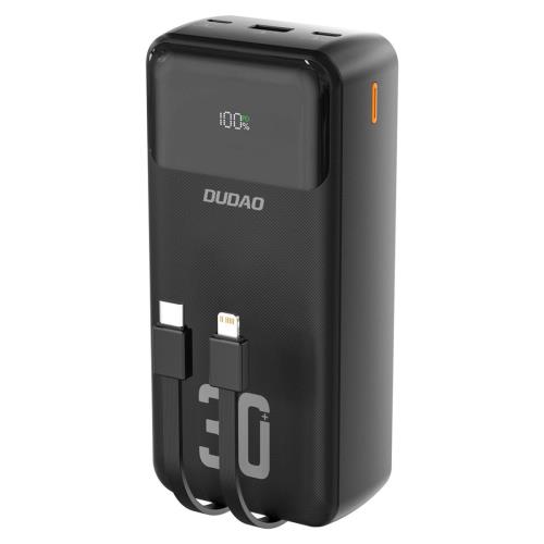 Dudao K15MAX Power Bank 30000mAh USB / USB-C / Lightning + vstavané káble 22.5W, čierny