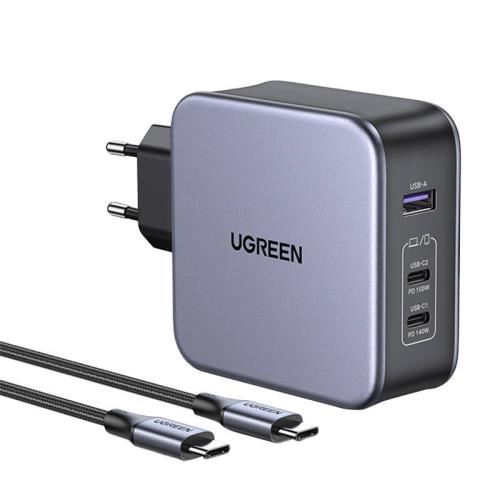 Ugreen CD289 GaN sieťová nabíjačka 2x USB-C / USB 140W + kábel USB-C, strieborná