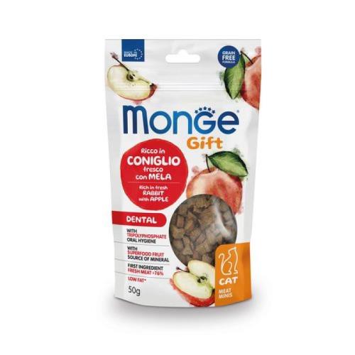 MONGE GIFT Meat Minis Dental 50g mäsové pochúťky pre mačky králičie mäso s jablkom