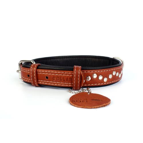 Plochý kožený obojok Soft hnedo čierny vybíjaný, Obvod krku: dĺžka: 38 - 49 cm, širka: 25 mm