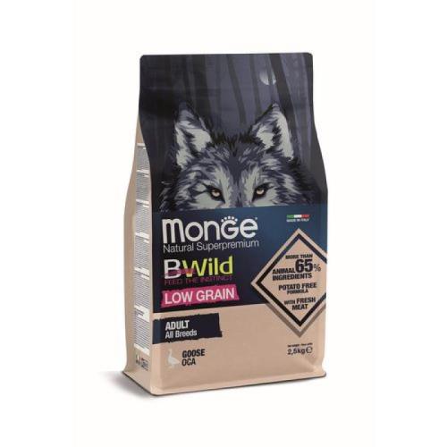 MONGE BWild Low Grain Adult 2,5 kg kompletné krmivo pre dospelých psov s husacím mäsom a so znížením množstvom obilnín
