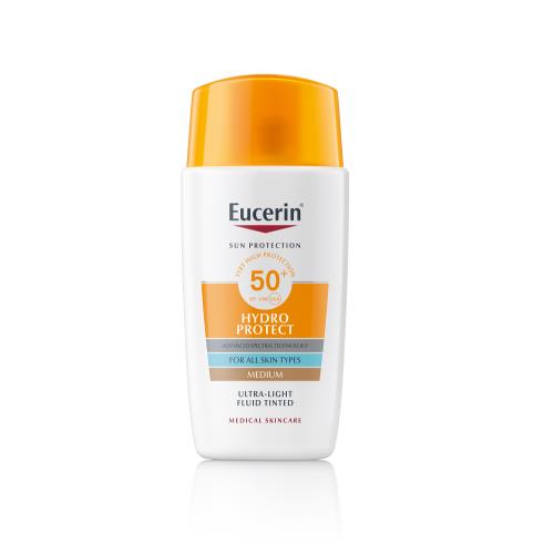 EUCERIN Ultra ľahký fluid na opaľovanie na tvár Hydro Protect SPF 50+, stredne tmavý