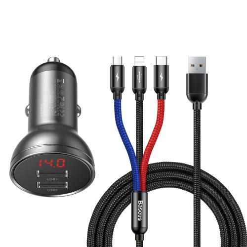 Baseus Digital 2x USB autonabíjačka + 3in1 kábel USB - UBS C / Micro USB / Lightning 1.2m, čierna