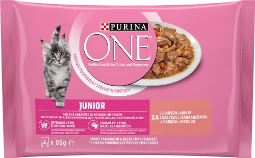 PURINA ONE Multipack JUNIOR mini filetky s lososom a mrkvou v šťave 12(4x85g)