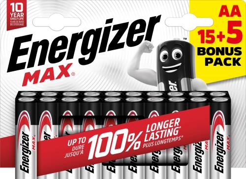Energizer Max AA alkalické batérie 15+5 20ks E303329900