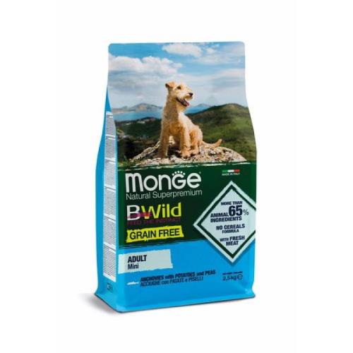 MONGE BWild Grain free Mini Adult 2,5kg bezobilninové kompletné krmivo pre dospelých psov malých plemien s ančovičkami, zemiakmi a hráškom