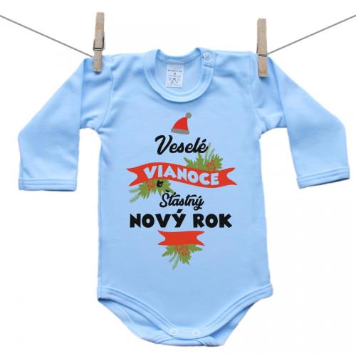 Boodyy Modré body s dlhým rukávom Veselé Vianoce a šťastný nový rok 80 (9-12 mesiacov)