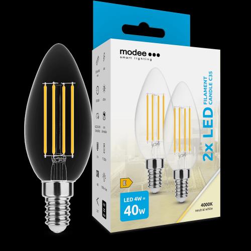 Modee LED Filament žiarovka Candle C35 4W E14, neutrálna biela, 2ks