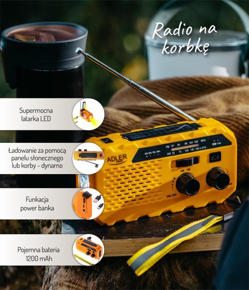 Solárne Kľukové Rádio pre Kemping - Adler AD 1197 Solárne Kľukové Rádio pre Kemping s SOS Signálom a Svietidlom, 1200mAh, 3 Spôsoby Nabíjania