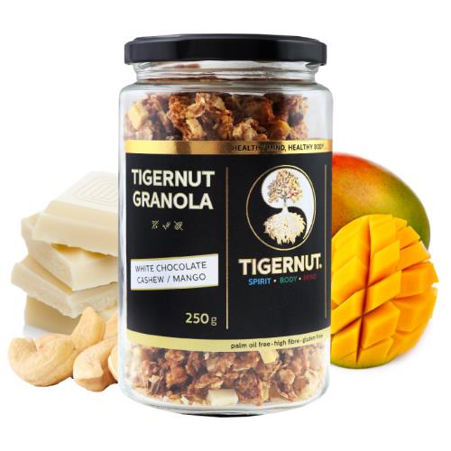 Granola z lupienkov lúpaného tigrieho orecha s čokoládou, mangom a kešu