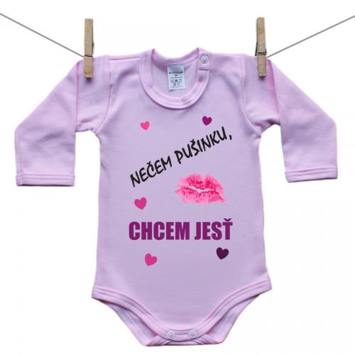 Boodyy Ružové Body s dlhým rukávom Nečem pusinku, chcem jesť 68 (3-6 mesiacov)