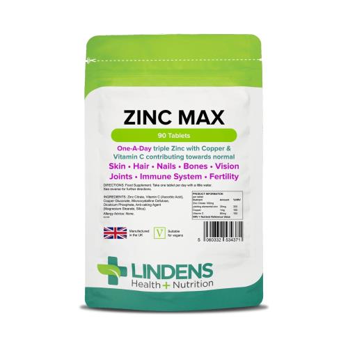 LINDENS Health + Nutrition Zinok Max (+Meď & Vitamín C), 90 tabliet