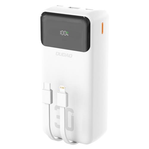 Dudao K15MAX Power Bank 30000mAh USB / USB-C / Lightning + vstavané káble 22.5W, biely