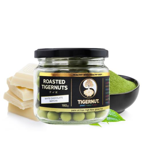 Pražené tigrie orechy s bielou čokoládou a matcha